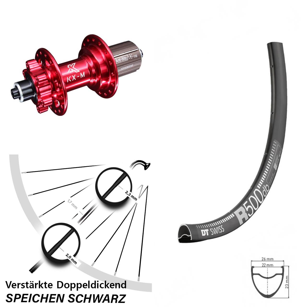 28 Zoll DT Swiss R500 KX-M rot 6-Loch Hinterrad QR 8-12 fach