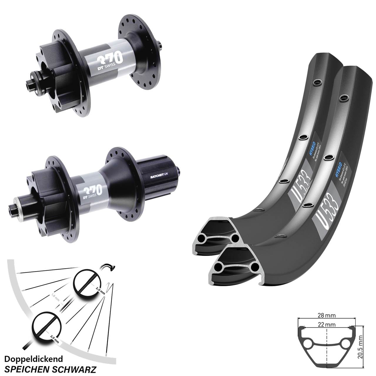 28 Zoll DT Swiss U 533 370 6-Loch Laufradsatz für Schnellspanner 8-11 fach
