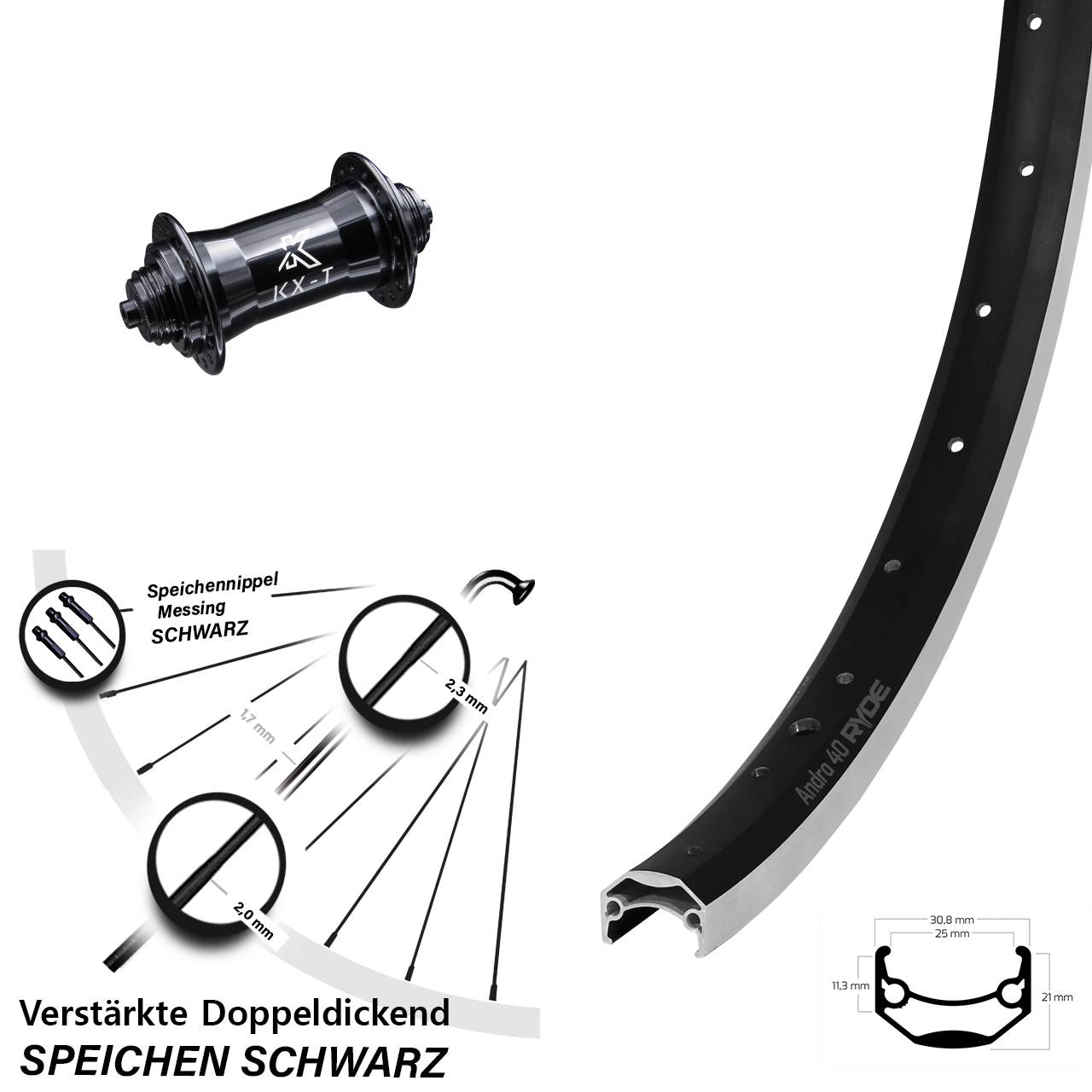 schwarzes 26 Zoll Vorderrad Ryde Andra 40 verstärkt Felgenbremse KX-T 4 Kugellager