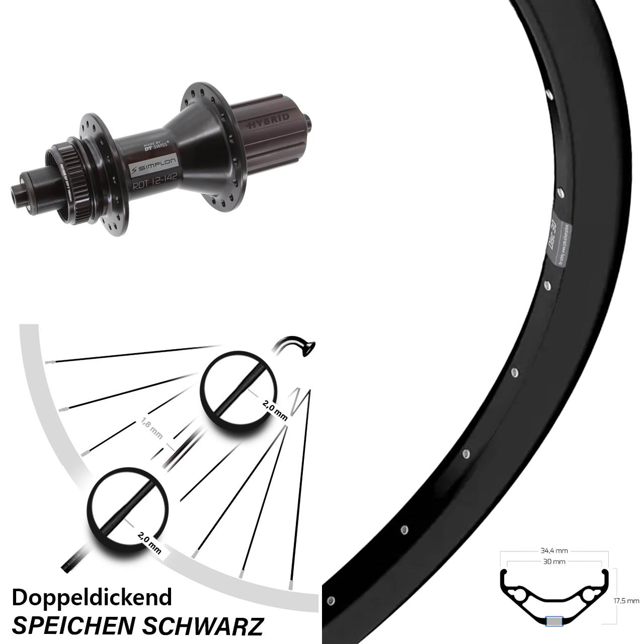 27,5 Zoll Ryde Disc 30 DT Swiss 370 Hybrid Disc Hinterrad QR 8-11 fach