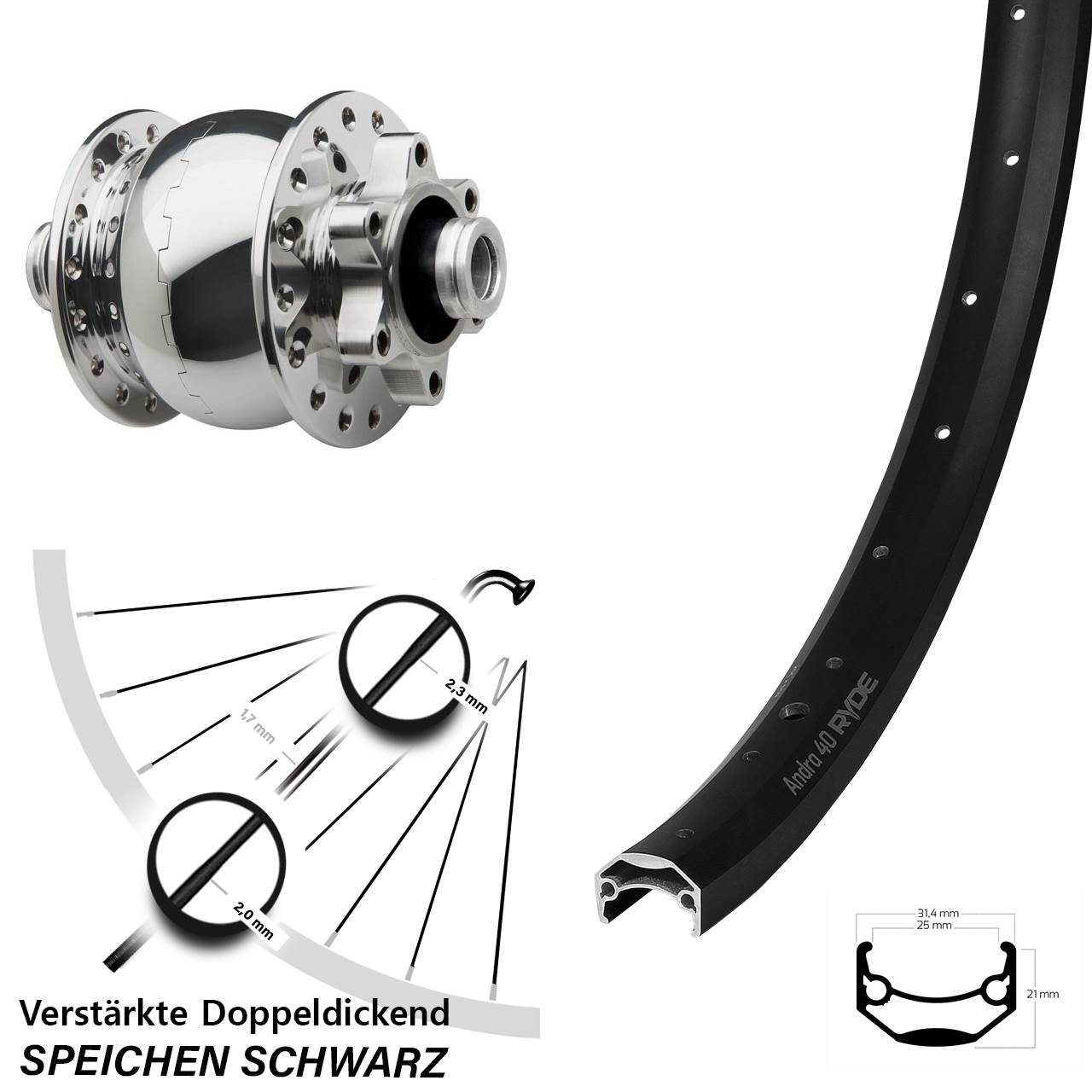6-Loch Dynamo-Vorderrad 20 Zoll Ryde Andra 40 SON 28 poliert 12x100