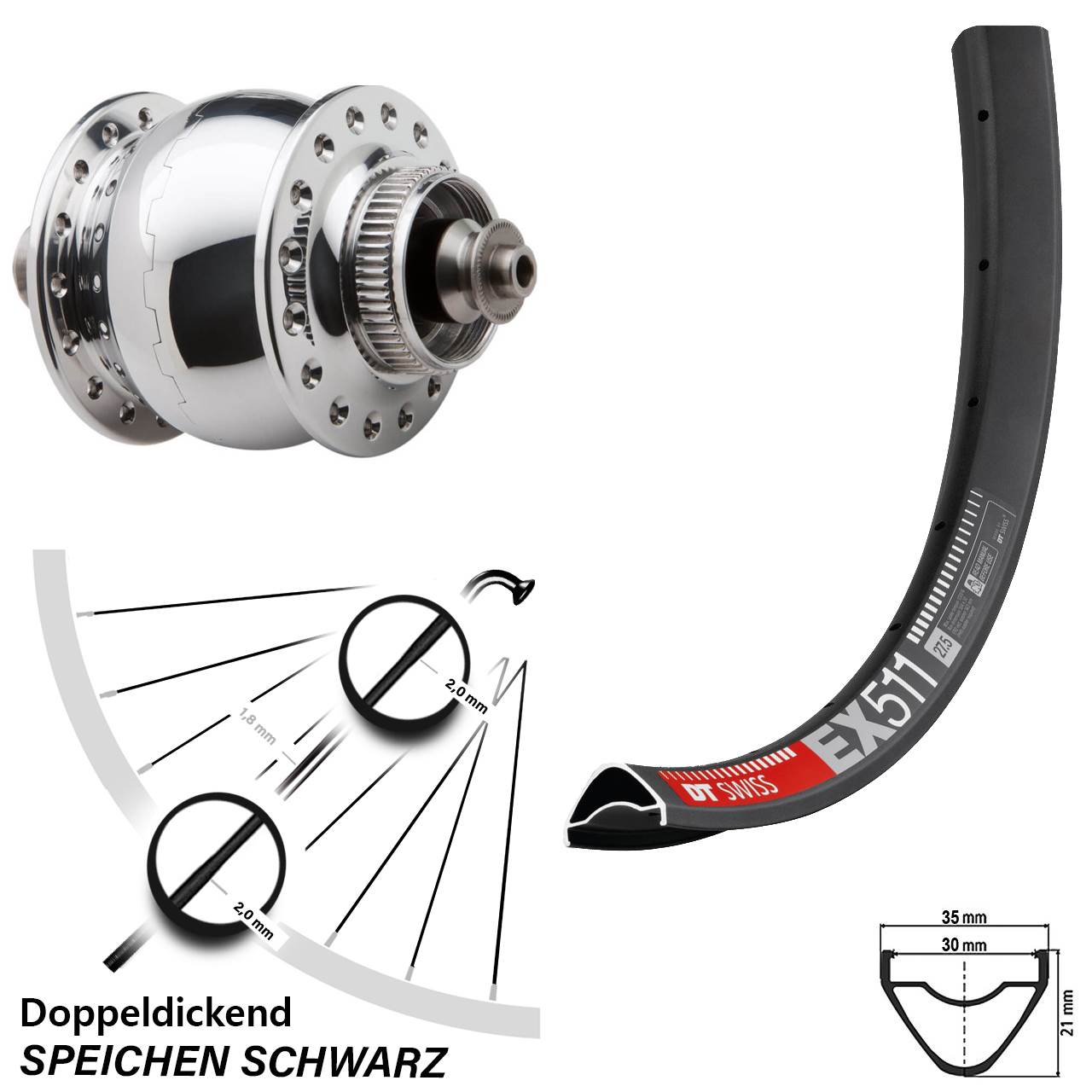 27,5 Zoll DT Swiss EX 511 SONdelux Centerlock Vorderrad mit Nabendynamo QR
