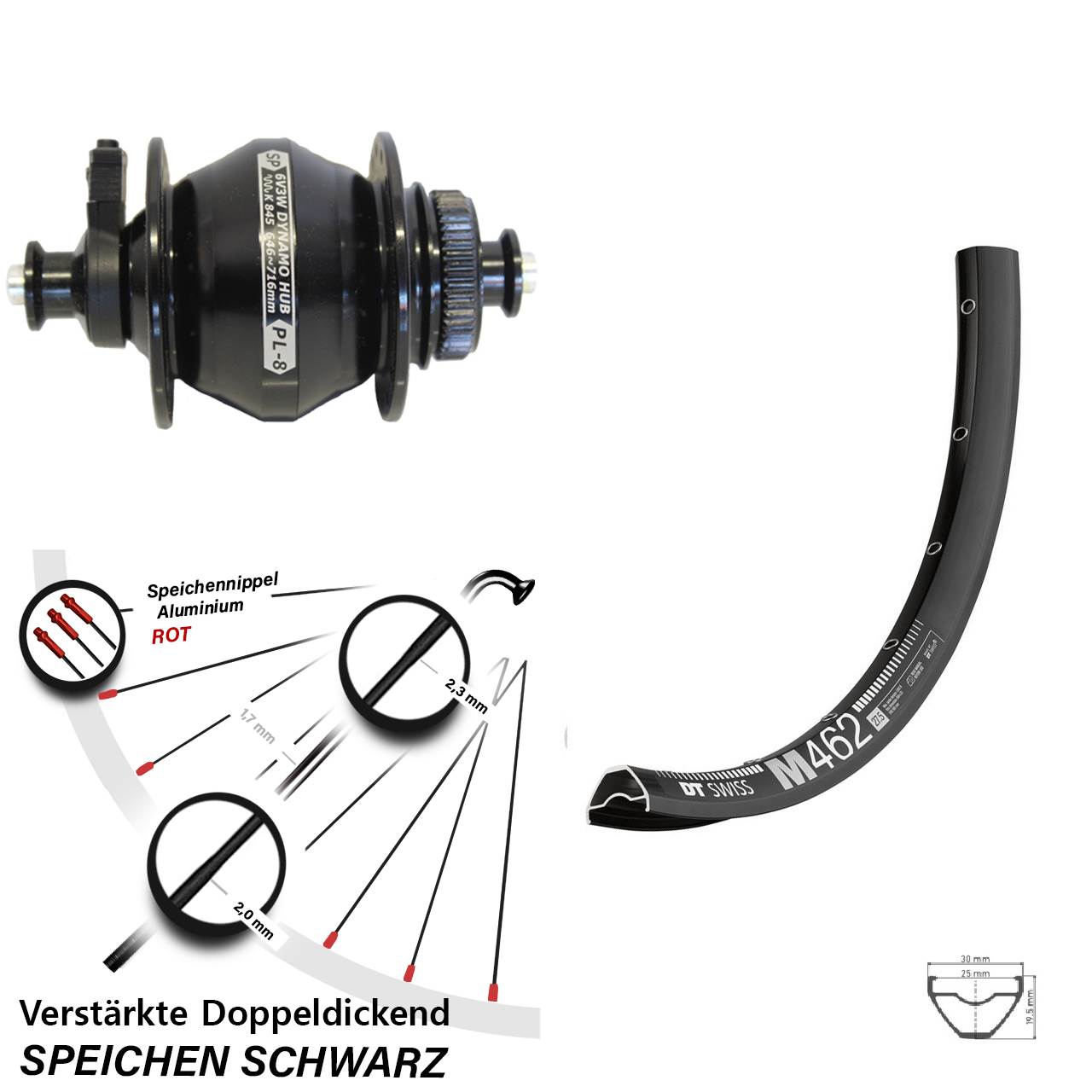 Disc Nabendynamo-Laufrad 27,5 Zoll DT Swiss M 462 Shutter PL-8 für Schnellspanner