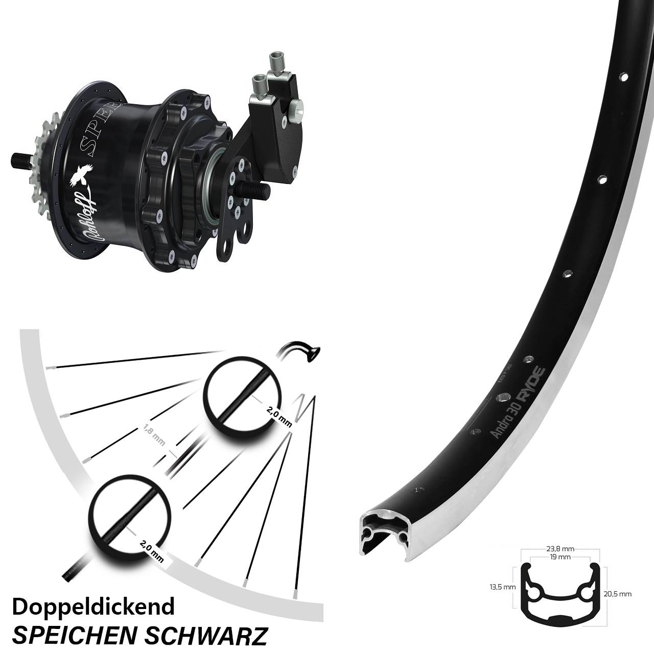 26 Zoll Ryde Hinterrad Rohloff TS Speedhub 500/14 Andra 30