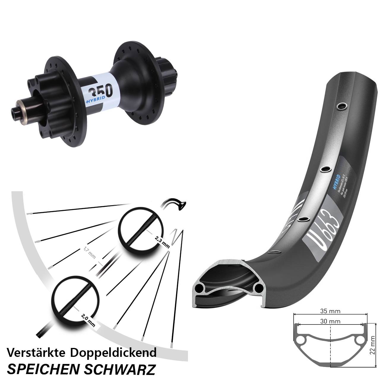 6-Loch Hinterrad QR 650B DT Swiss U663 DT Swiss 350 Hybrid Singlespeed