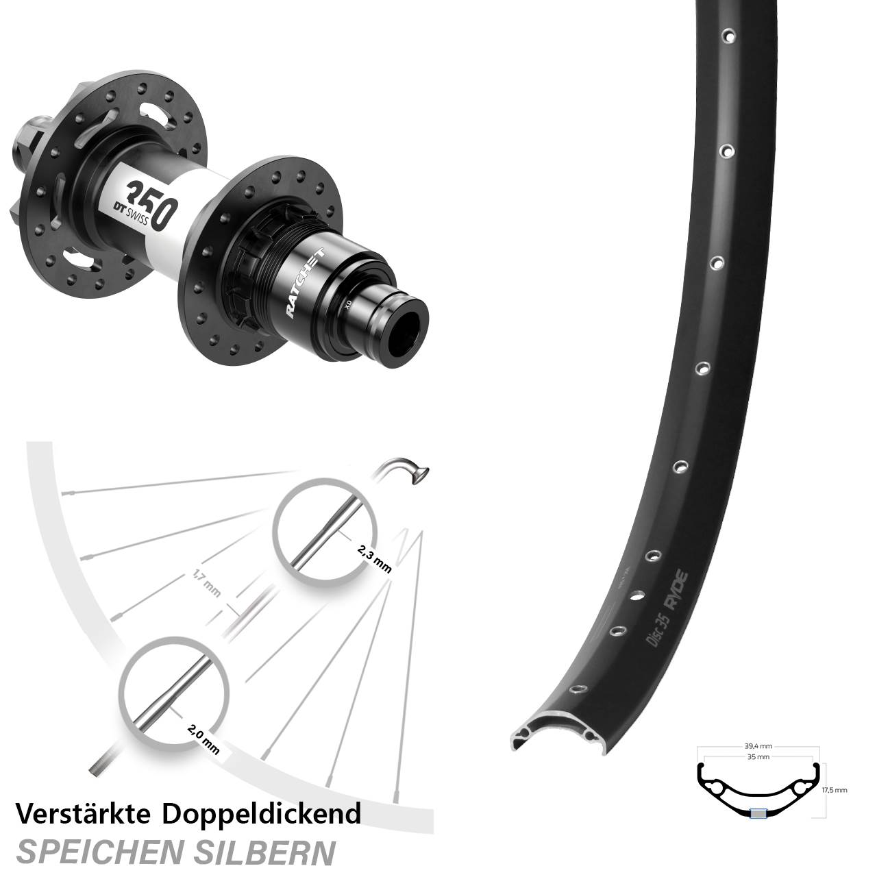 Hinterrad 6-Loch 12x142 29 Zoll Ryde Disc 35 DT Swiss 350 SRAM XD