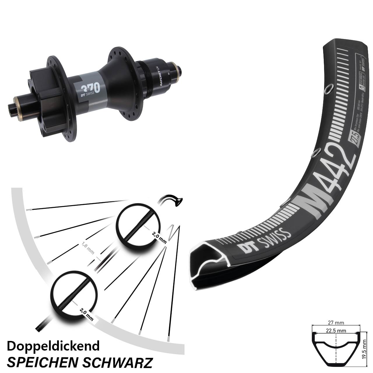 6-Loch Hinterrad QR 28-29 Zoll DT Swiss M442 370 SRAM XD