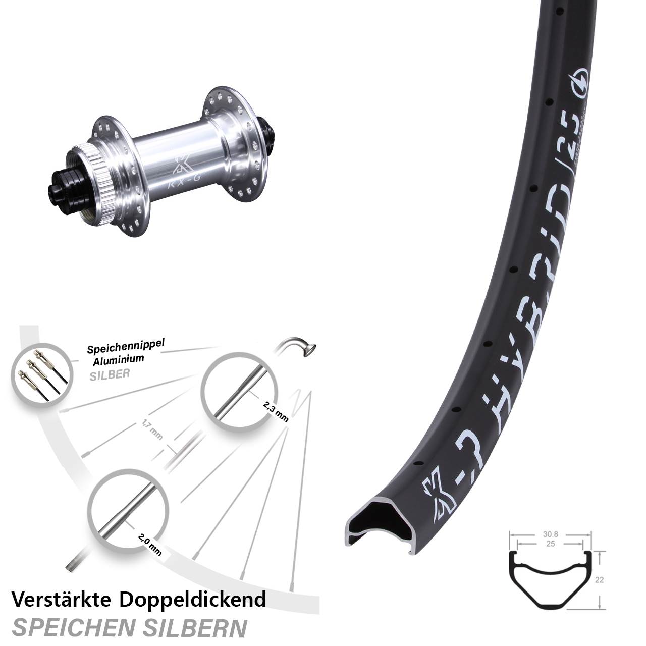 29 Zoll KX-R Hybrid 25 silbern verstärkt Vorderrad QR