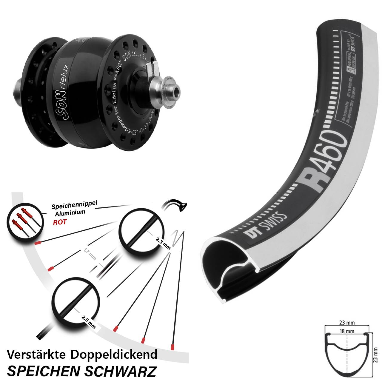 28 Zoll DT Swiss R 460 CNC SON delux Nabendynamovorderrad für Schnellspanner