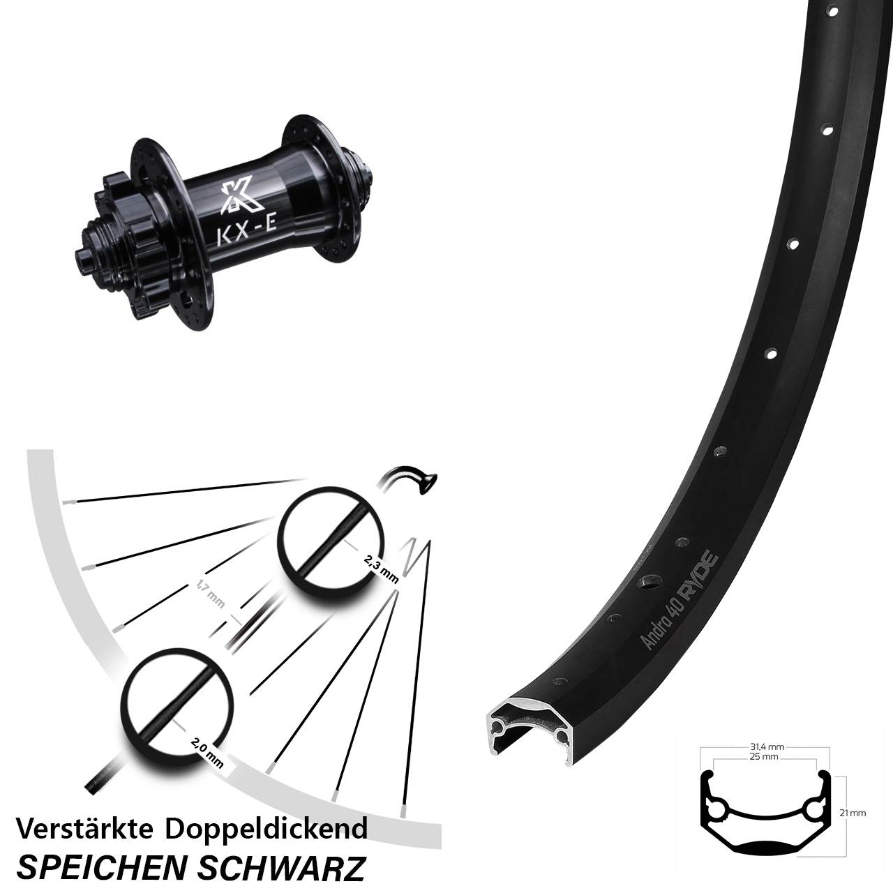 Vorderrad 6-Loch QR 26 Zoll Ryde Andra 40 KX-E Heavy Duty