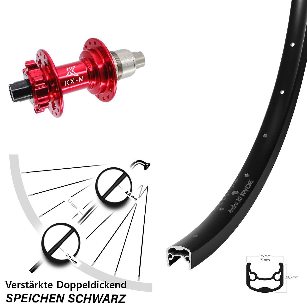 Disc Hinterrad 12x142 29 Zoll Ryde Andra 30 KX-M rot XD