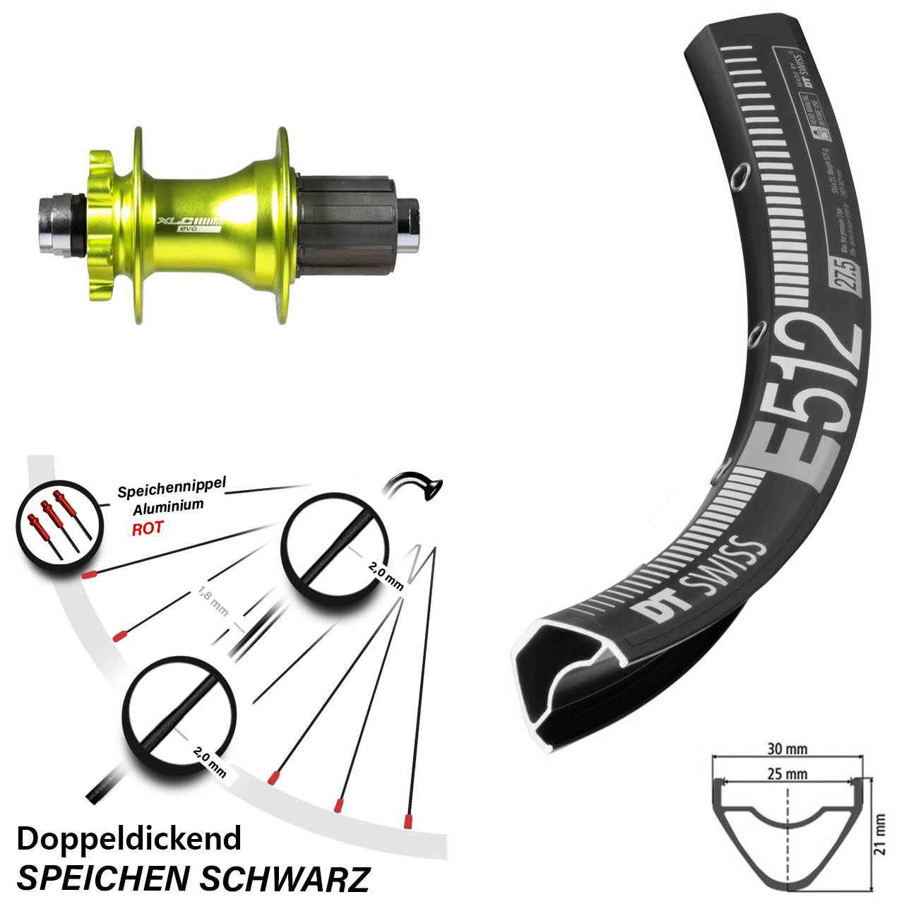 DT Swiss E 512 Hinterrad 29 Zoll mit XLC Evo Nabe grün 8-11 fach