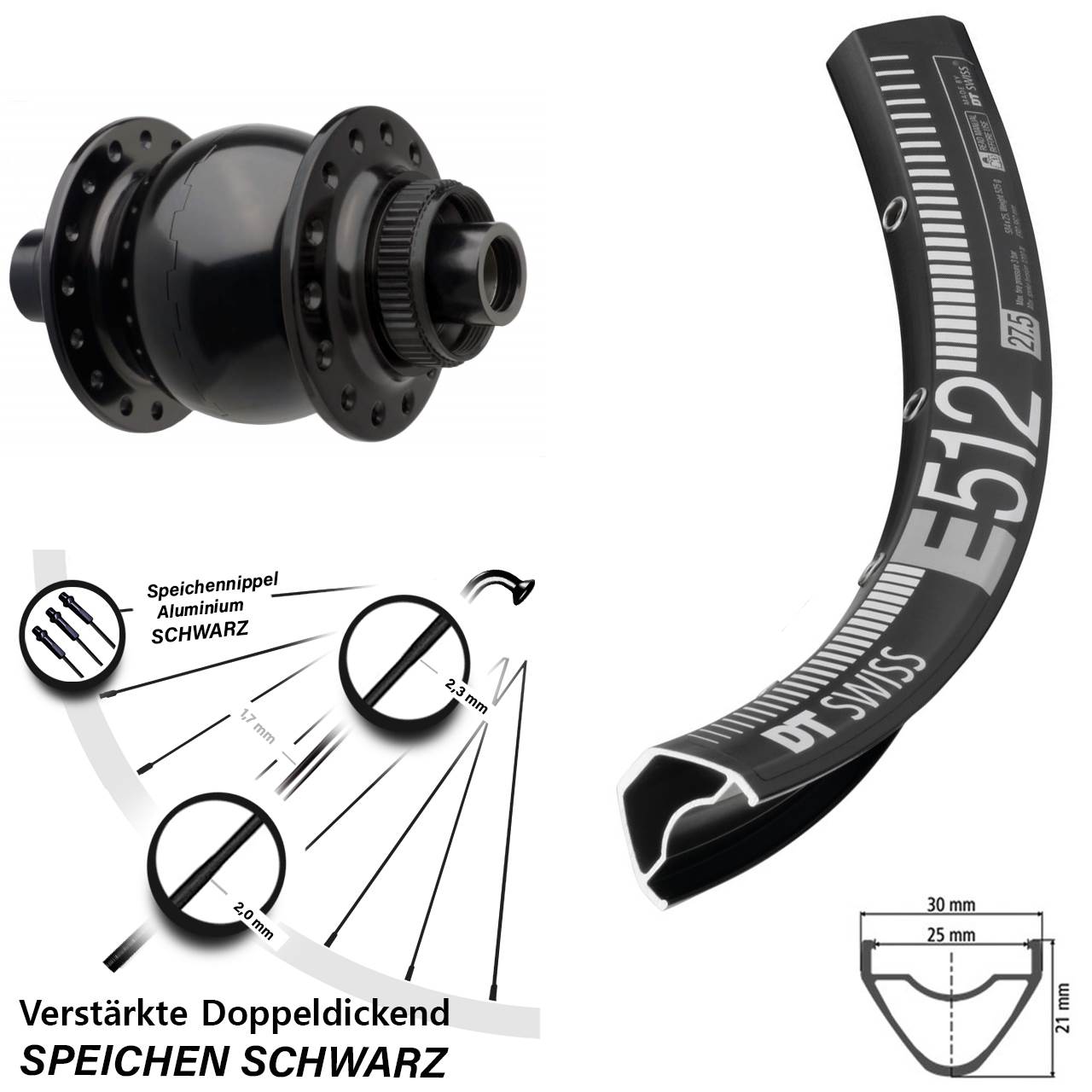 Vorderrad 29 Zoll DT Swiss E 512 Disc SON 28-15 Steckachse 110 Boost schwarz