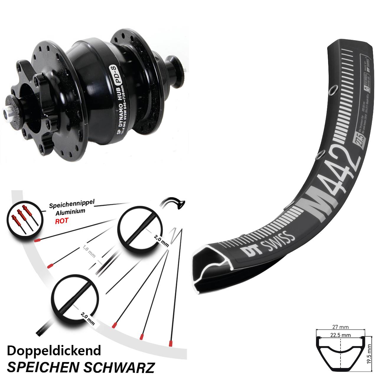 Nabendynamo QR SP PD-8 Disc 6-Loch DT Swiss M442 Vorderrad 29 Zoll schwarz