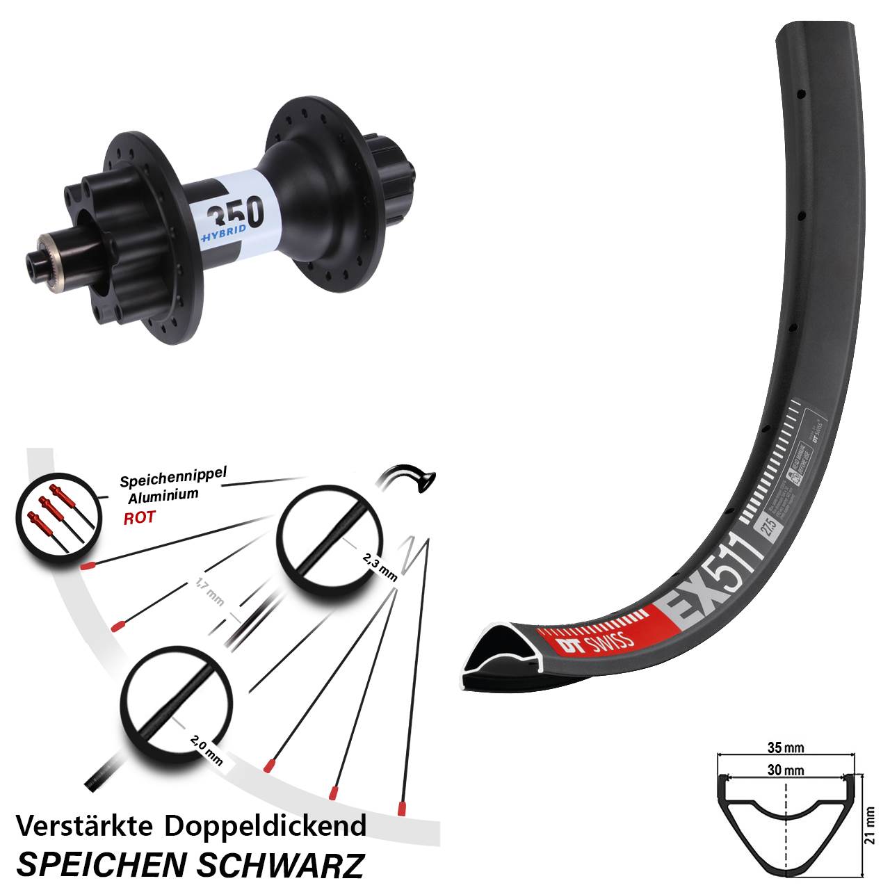 Hinterrad 27, 5 Zoll DT Swiss EX 511-350 Hybrid 6-Loch Singlespeed 5x135