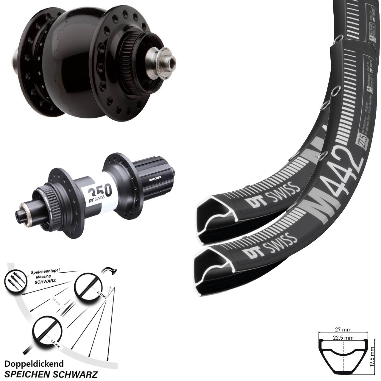 28-29 Zoll DT Swiss M442-350 SON 28 Laufrad-Satz für Schnellspanner 8-11 fach