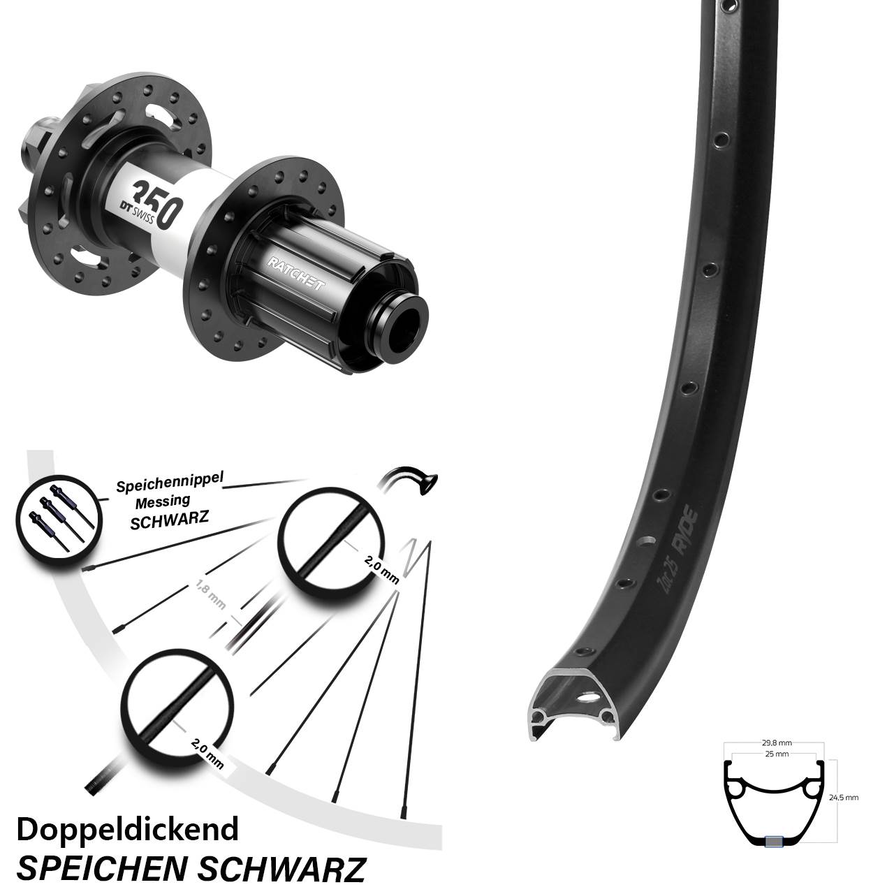 28 Zoll Ryde ZAC 25 DT Swiss 350 Downhill 6-Loch Hinterrad 12x150 (DH alt) 8-11 fach HG