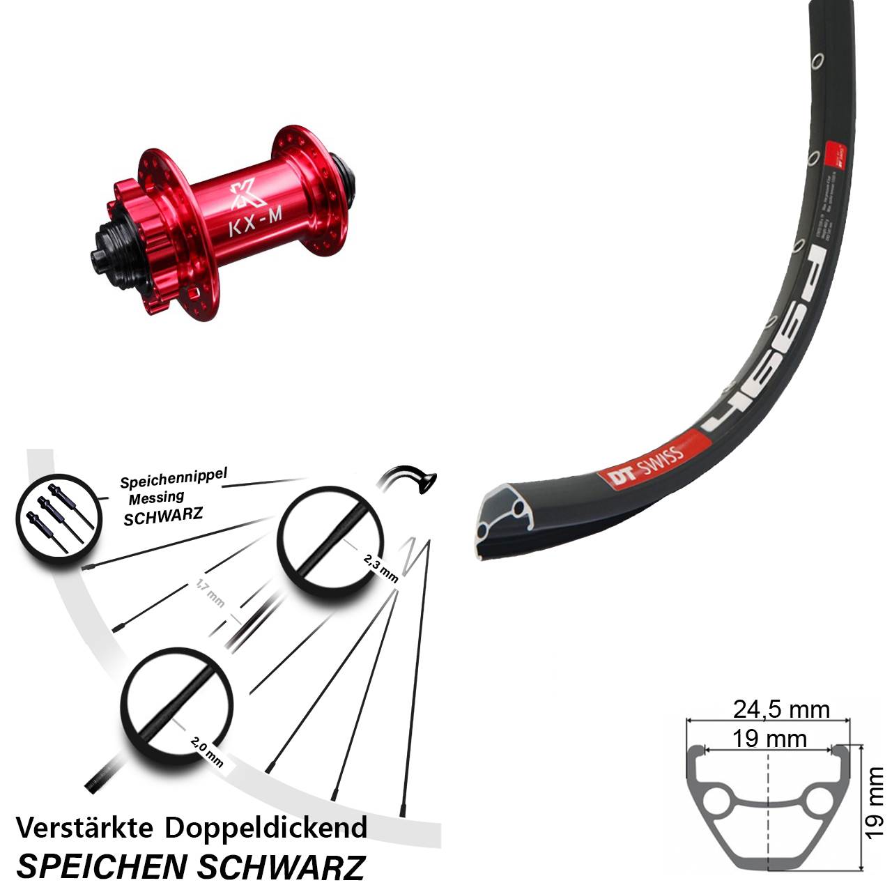 29 Zoll DT Swiss 466 KX-M rot Vorderrad 6-Loch für Schnellspanner