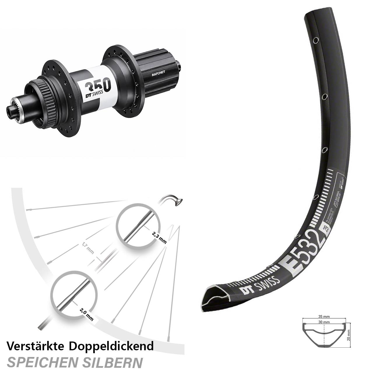 DT Swiss E532-350 29 Zoll Disc Hinterrad für Schnellspanner Boost 8-11 fach