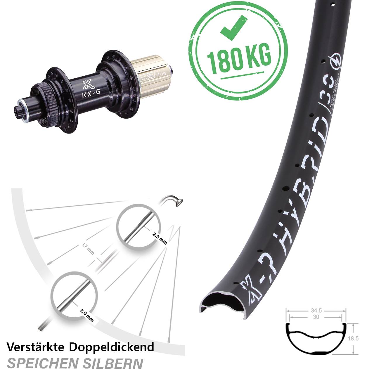 29 Zoll KX-GR Hybrid 30 Centerlock Hinterrad für Schnellspanner 8-12 fach