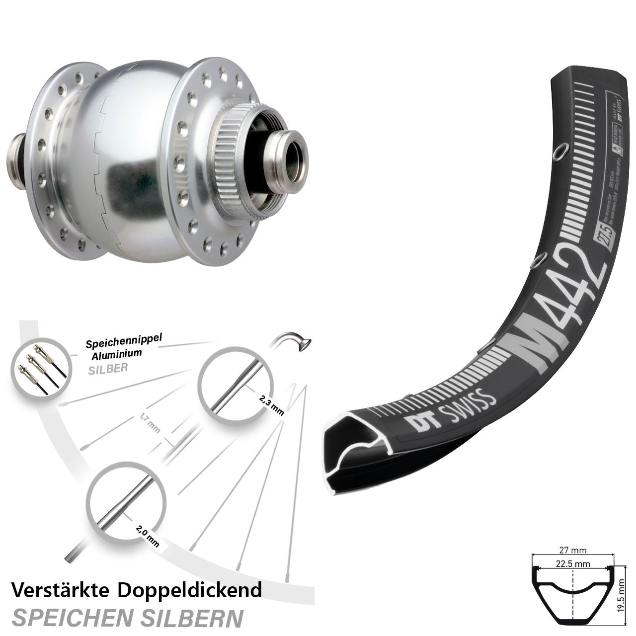 28-29 Zoll DT Swiss M442 SON 28 silbern Disc Nabendynamovorderrad 12x100