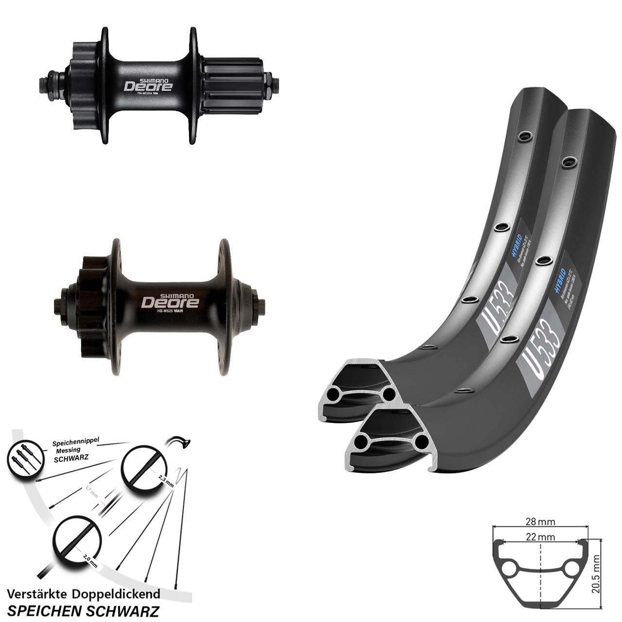 27,5 Zoll DT Swiss U 533 Shimano Deore HB-M525 FH-M525 Disc Laufrad-Satz QR