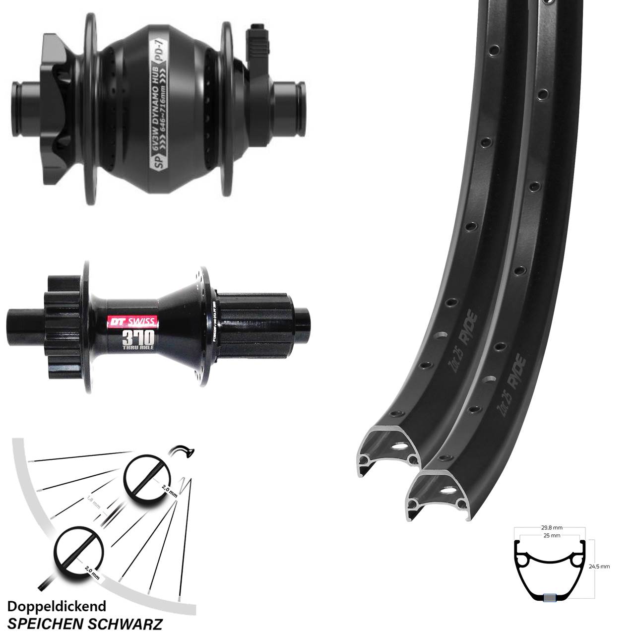 Ryde ZAC 25 DT Swiss 370 Hybrid Shutter PD-7 28 Zoll Disc Laufradsatz 12x100/142 8-11 fach