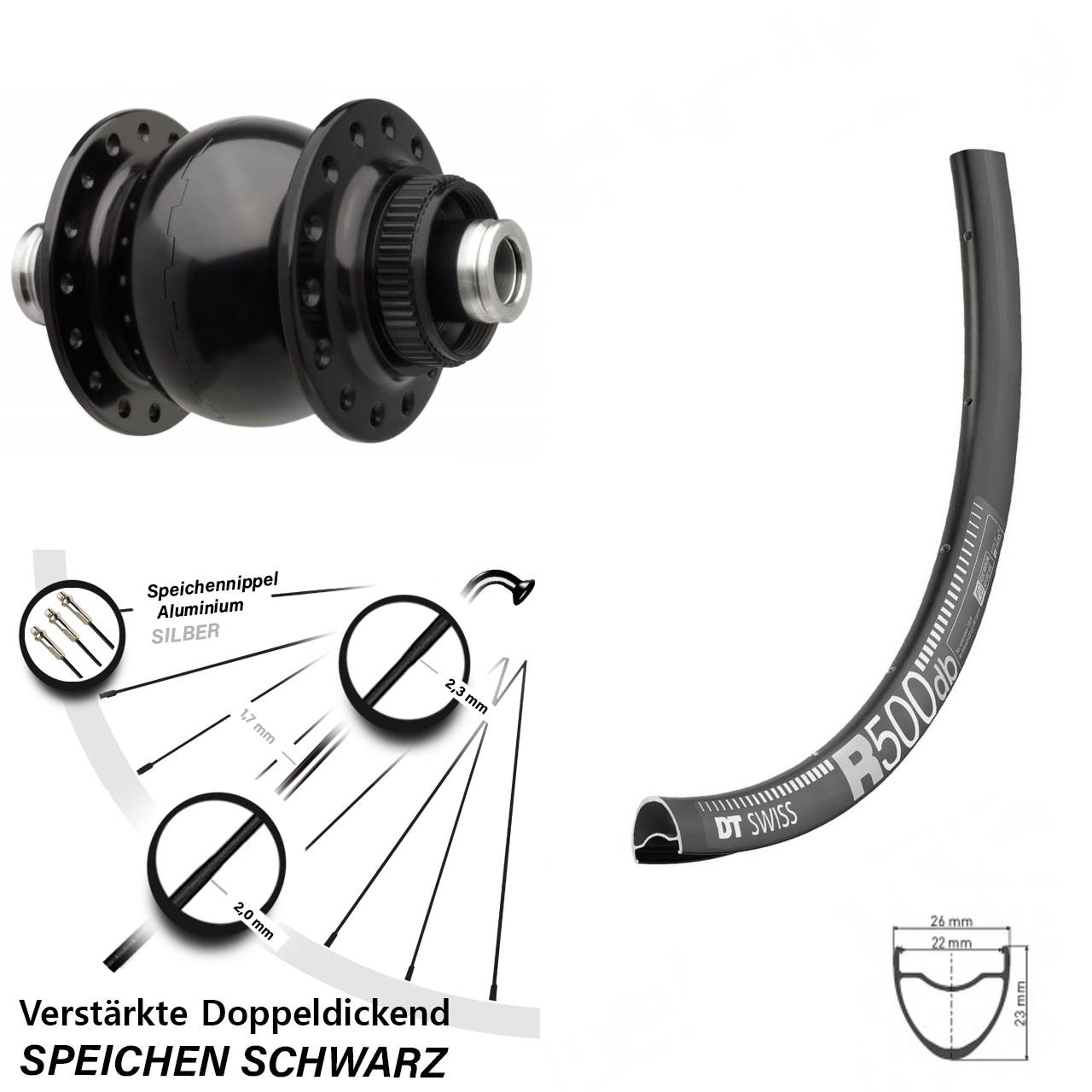 28-29 Zoll Nabendynamolaufrad DT Swiss R 500 Boost 110 mm SON 28-12 Centerlock schwarz