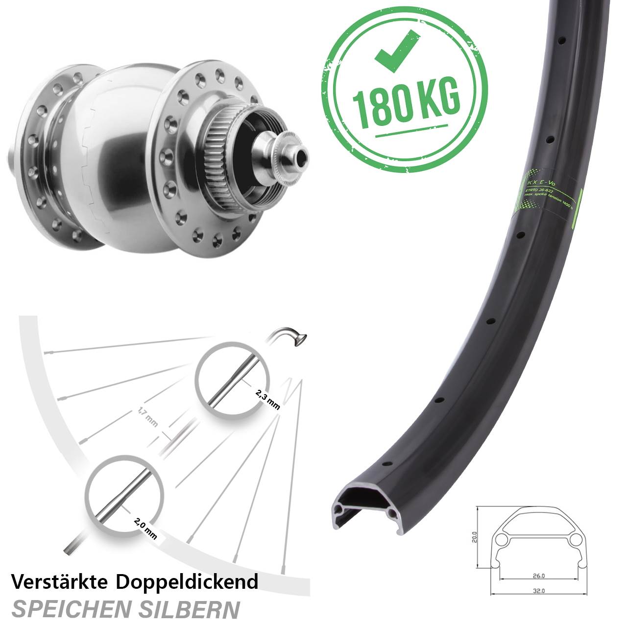 SON 28 silbern KX Evo 27,5 Zoll Disc Vorderrad mit Nabendynamo für Schnellspanner