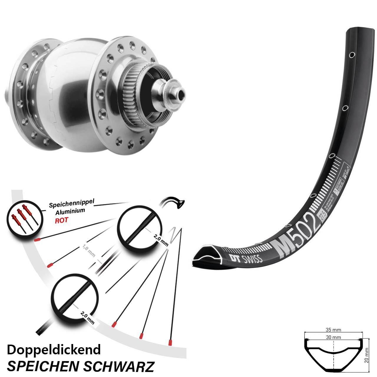 27,5 Zoll DT Swiss M 502 SON 28 Disc Nabendynamovorderrad QR