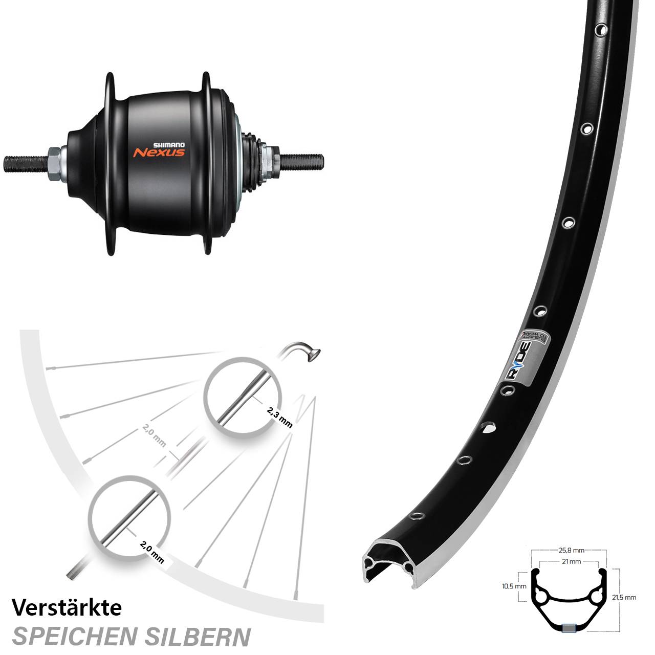 28 Zoll Hinterrad Ryde ZAC421 Shimano Nexus 8 Gang Freilauf