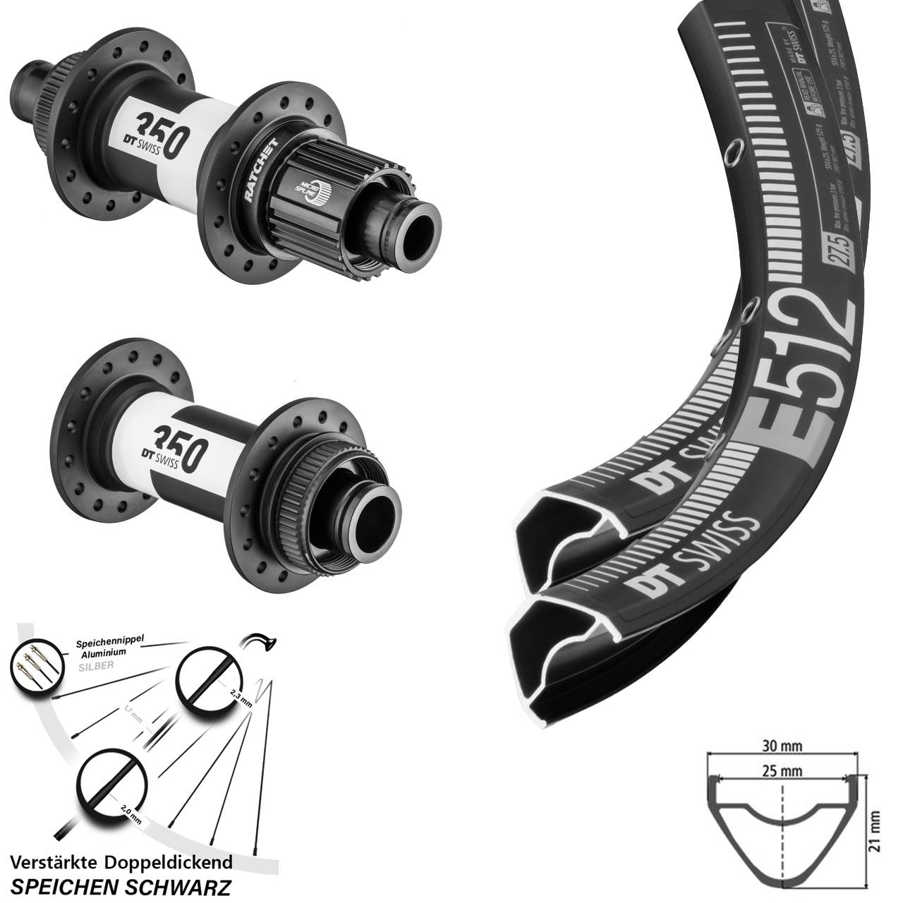 27,5 Zoll DT Swiss E512-350 Ratchet 36 Laufradsatz 15x110 12x148 Shimano Micro Spline