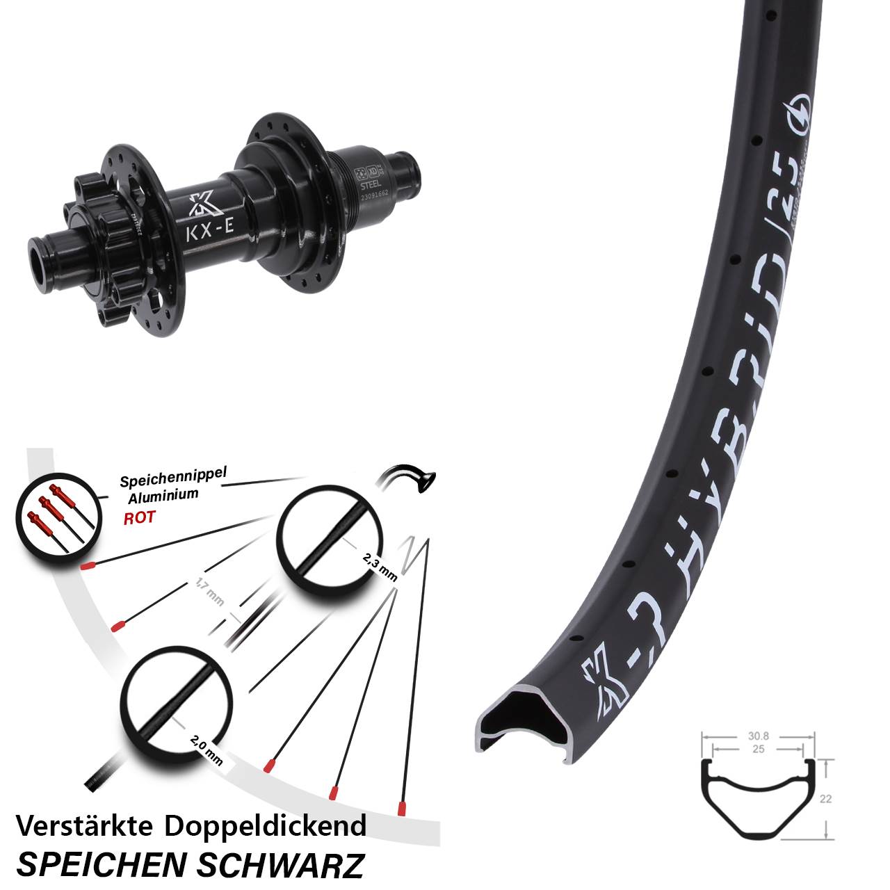 Hinterrad 6-Loch 27,5 Zoll KX-R Hybrid 25 Stahl Freilauf XD 12x148 Boost