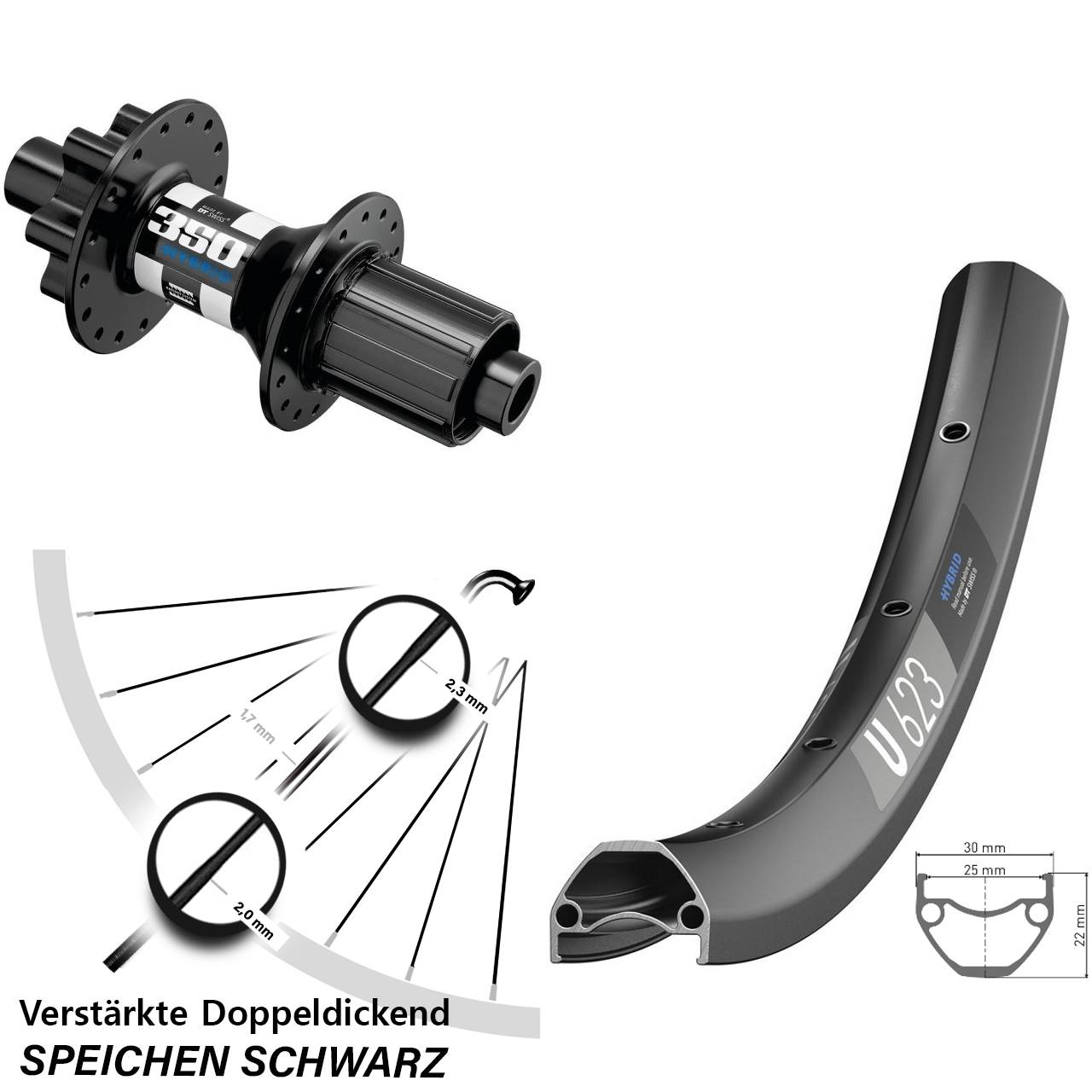 DT Swiss U 623-350 Hybrid 28-29 Zoll Hinterrad 6-Loch 12x148 Boost 8-11 fach