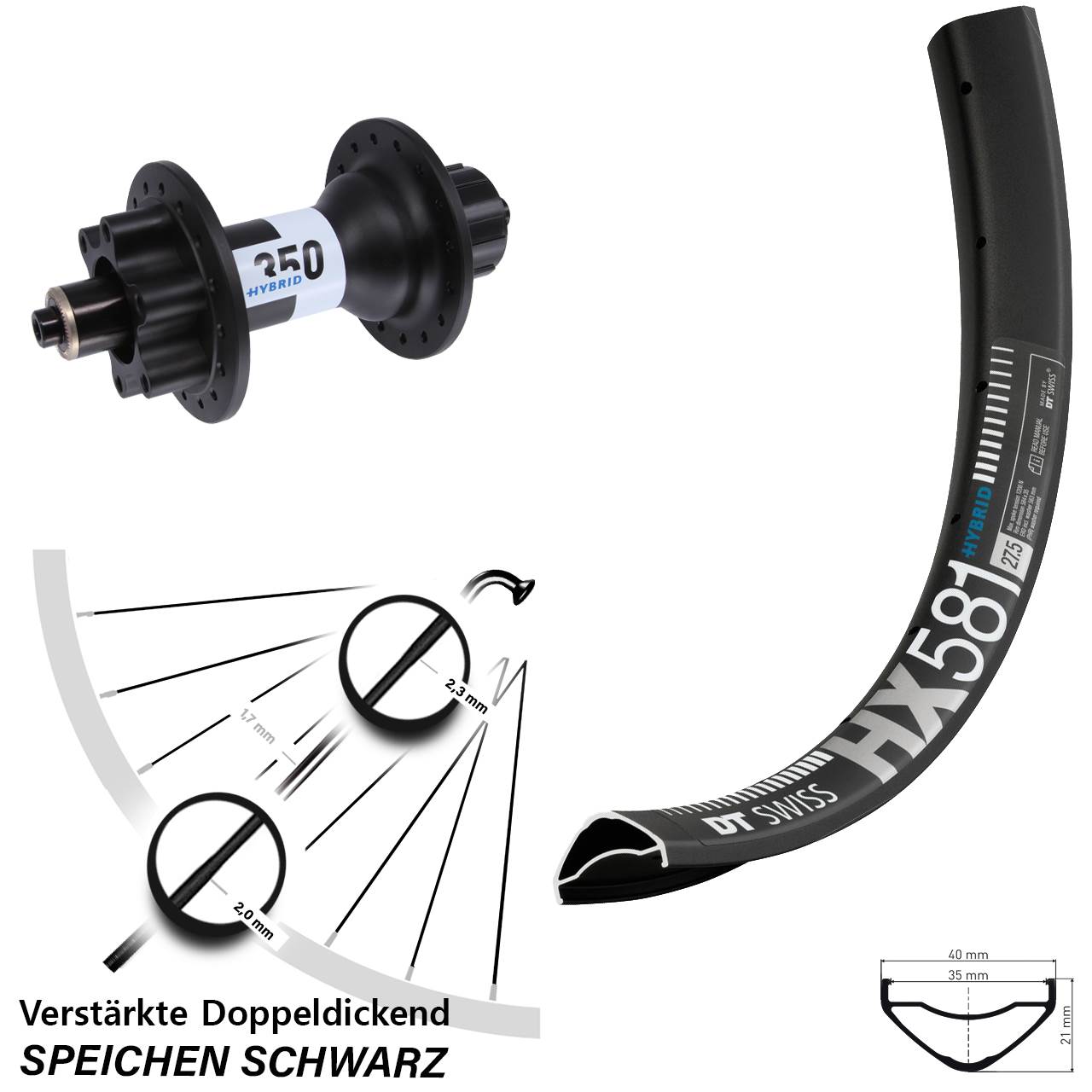 Hinterrad 27,5 Zoll DT Swiss HX 581-350 Hybrid 6-Loch Singlespeed 5x135