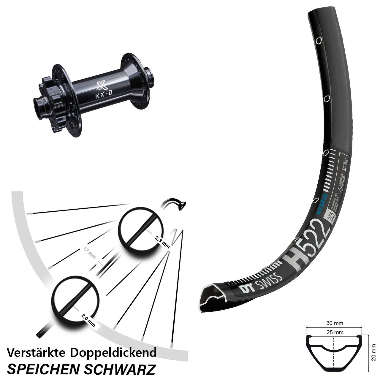 DT Swiss H 522 Vorderrad 29 Zoll mit KX-B 15x110 mm 6-Loch Nabe