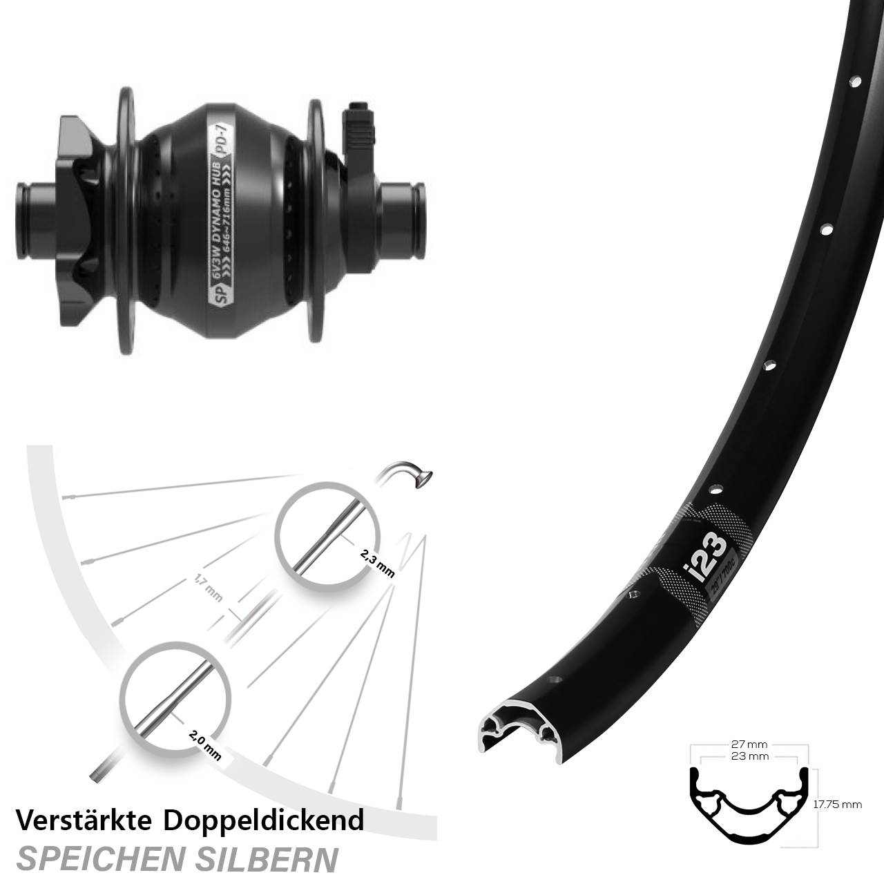 Disc Laufrad mit Nabendynamo 29 Zoll WTB i23 Shutter PD-7 12x100
