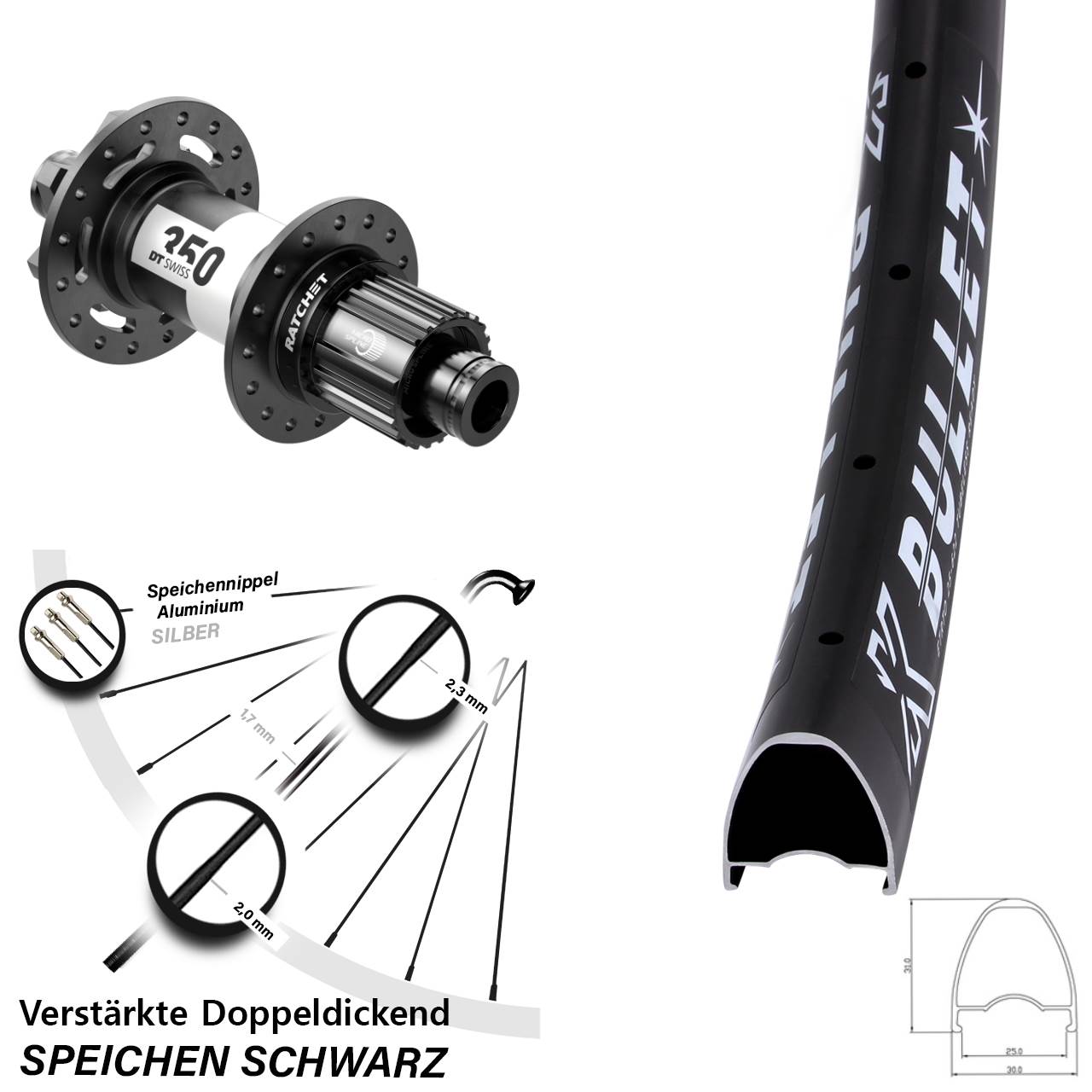 28 Zoll KX Bullet DT Swiss 350 Hinterrad 6-Loch 12x148 Shimano Micro Spline