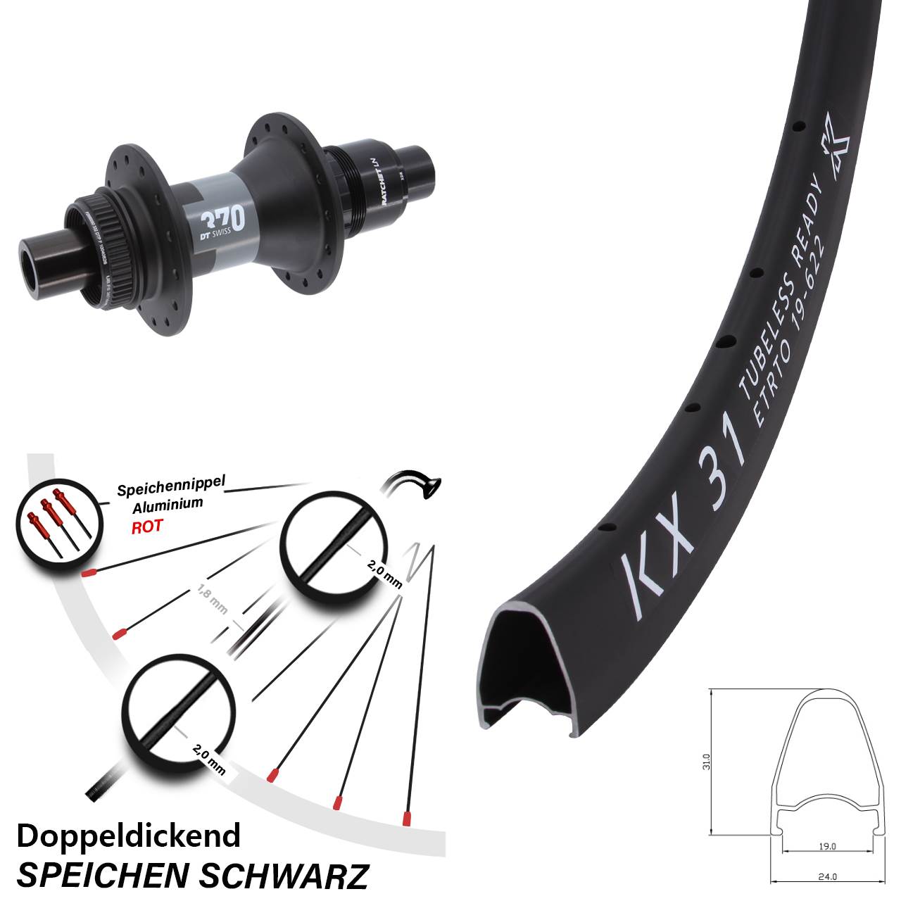 KX 31 DT Swiss 370 XDR 28 Zoll Centerlock Hinterrad 12x142