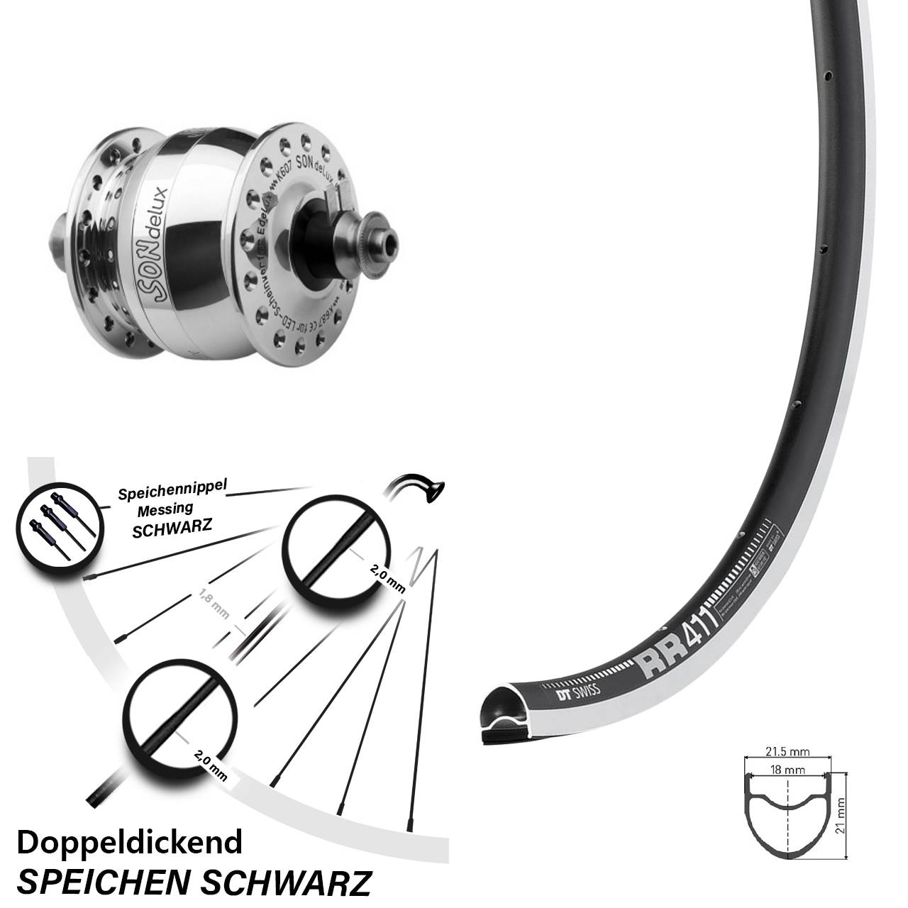Nabendynamolaufrad für Schnellspanner 28 Zoll DT Swiss RR411 SON delux