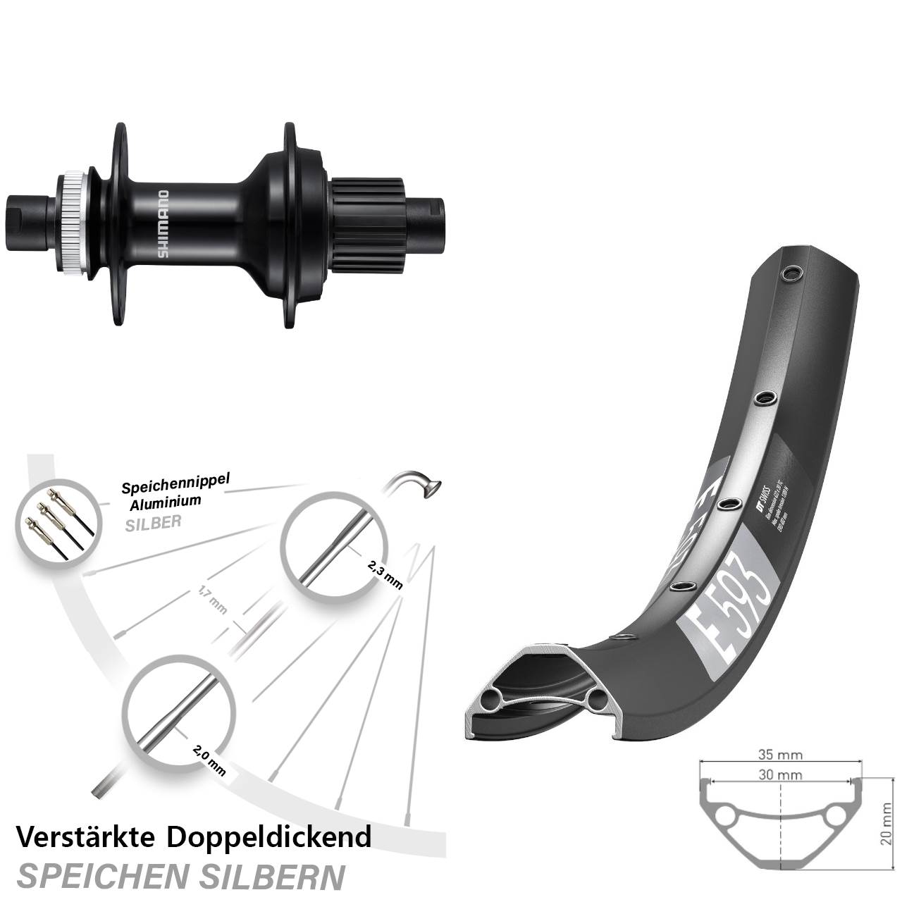 Disc Laufrad 12x148 29 Zoll DT Swiss E593 Shimano FH-MT510-B Micro Spline