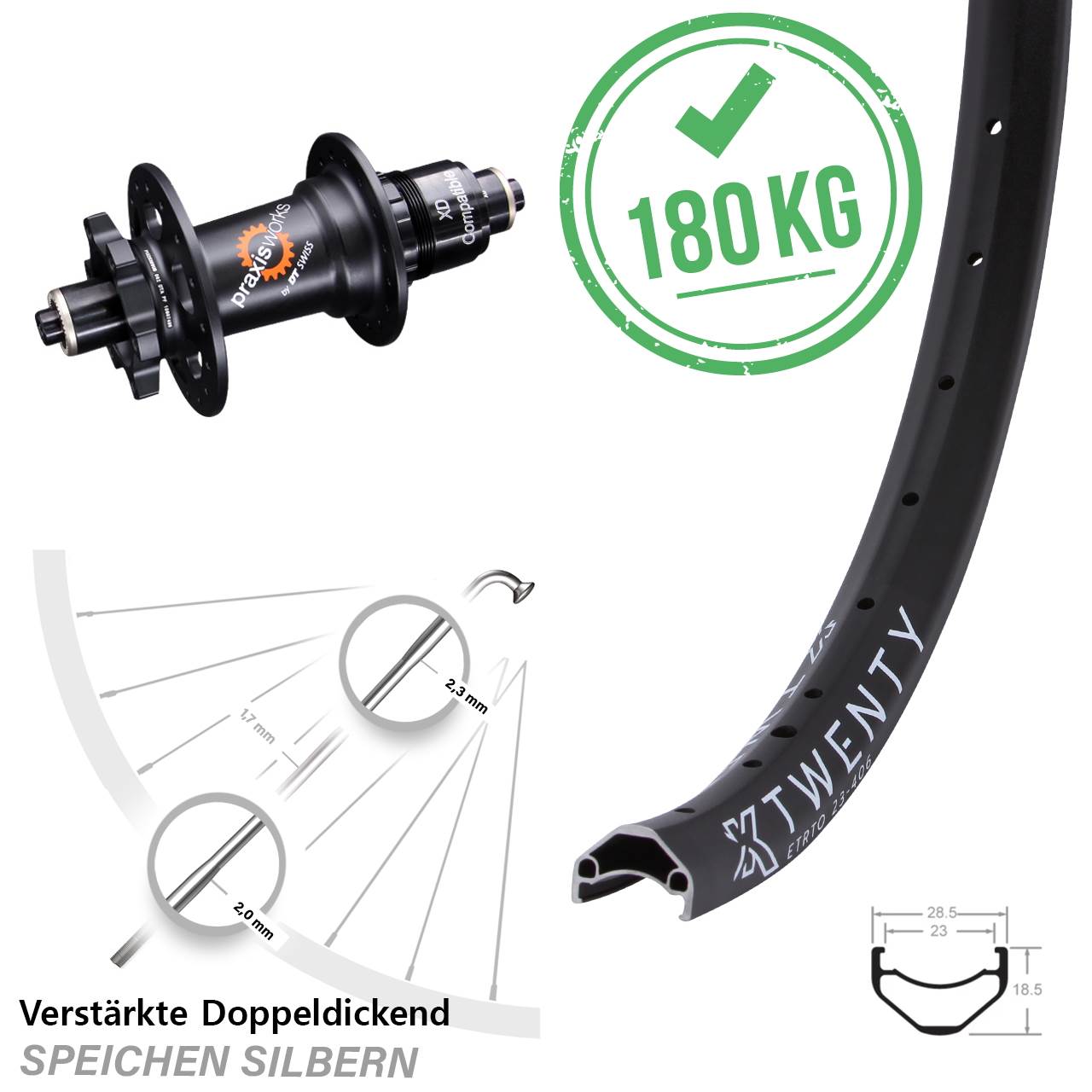20 Zoll KX Twenty DT Swiss 350 6-Loch Hinterrad für Schnellspanner SRAM XD