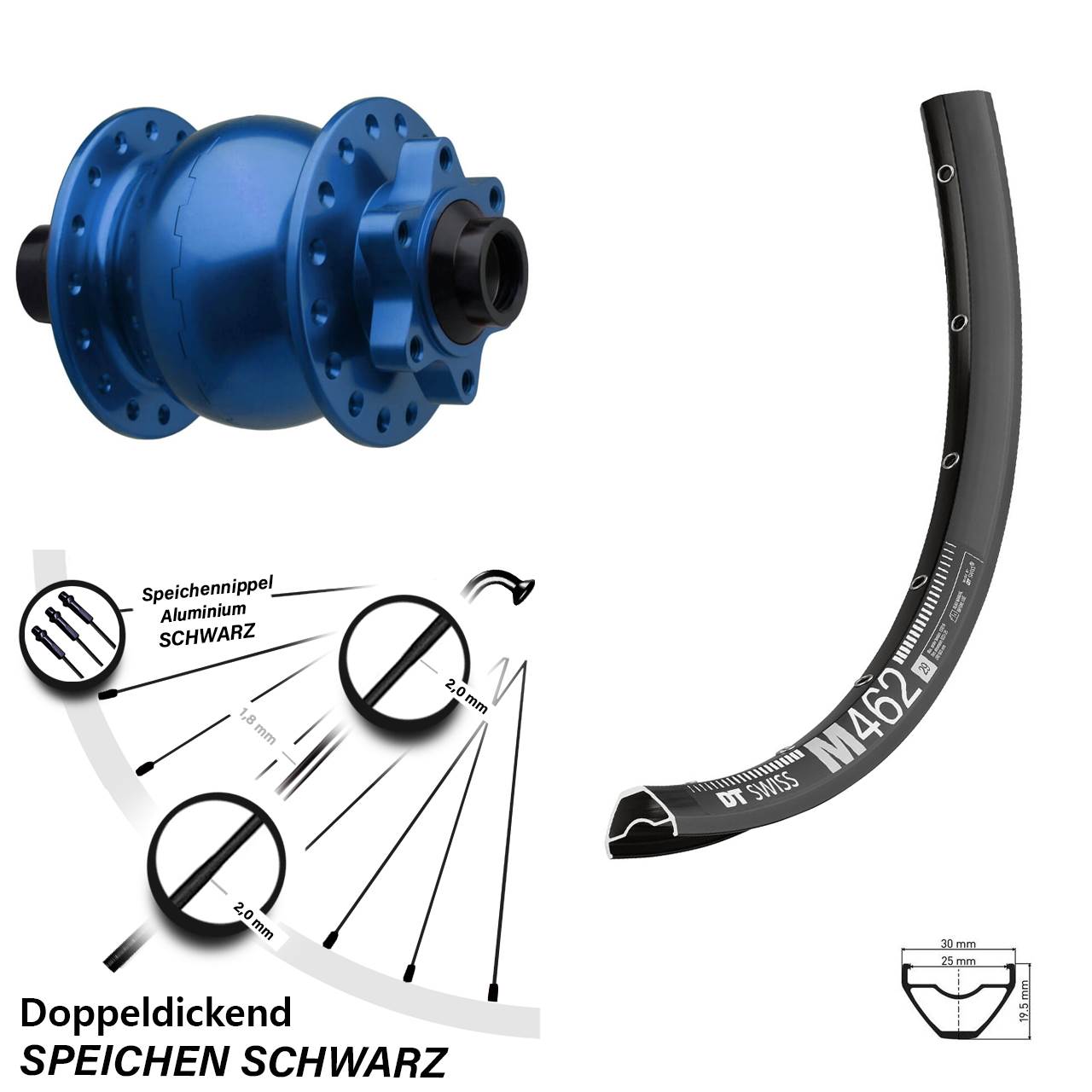 Boost Disc Nabendynamolaufrad 15x110 27,5 Zoll DT Swiss M462 SON 28 blau