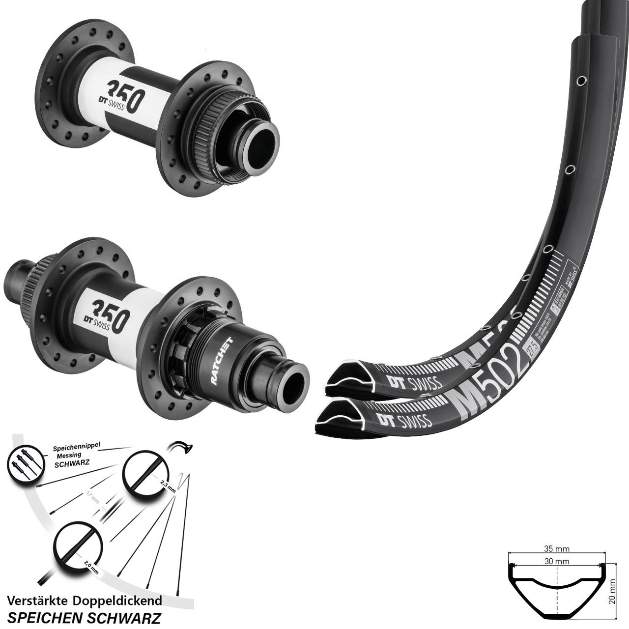 27,5 Zoll DT Swiss M502-350 Laufradsatz Centerl. 15x110 12x148 Boost SRAM XD