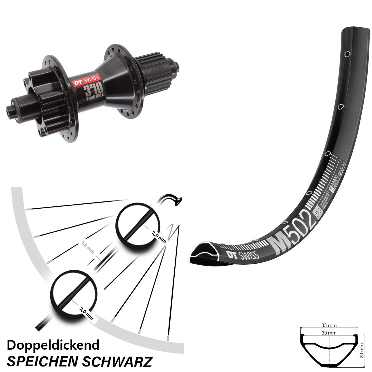 Disc Hinterrad 27,5 Zoll DT Swiss M502-370 Hybrid Shimano Micro Spline für Schnellspanner