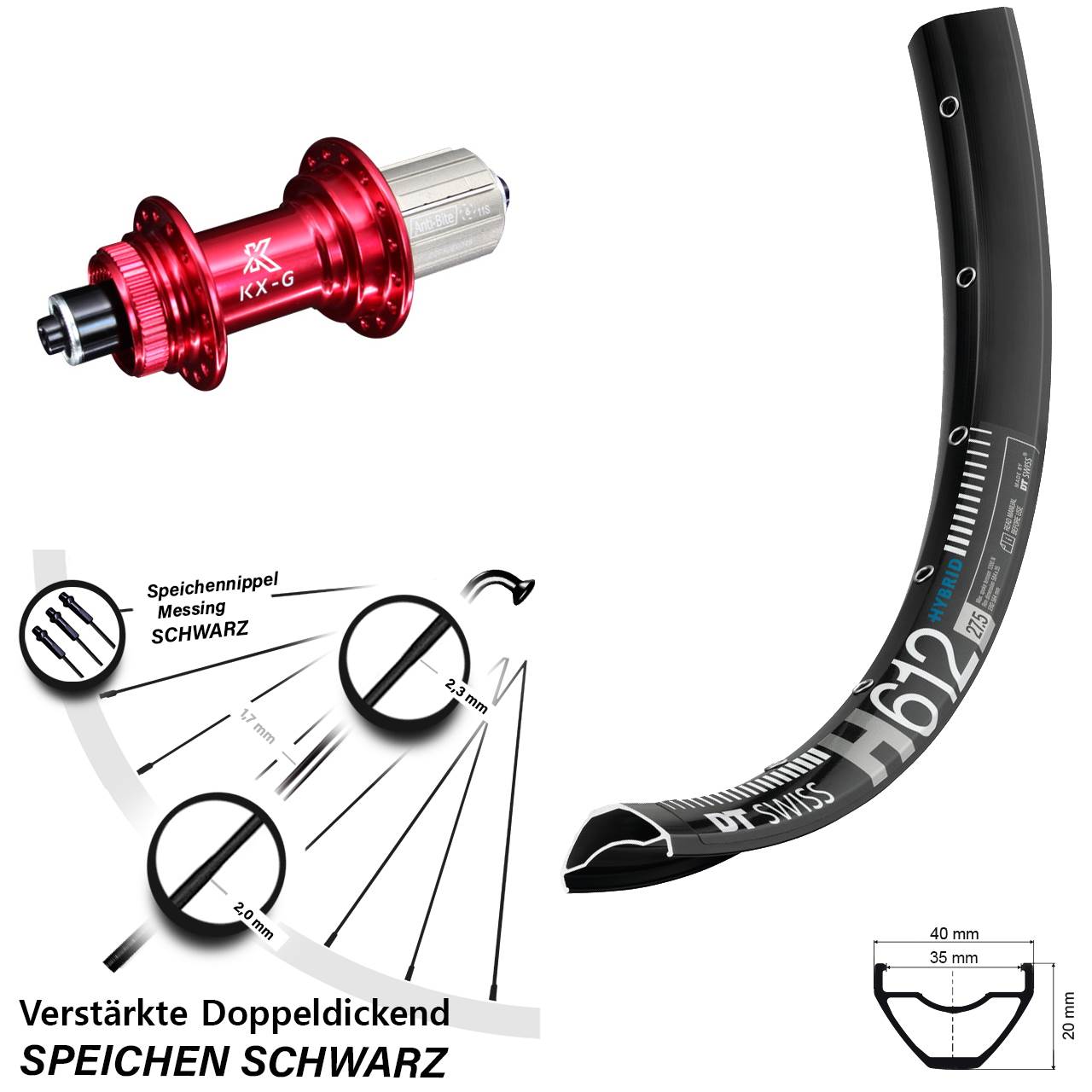 Hinterrad Centerlock QR 27,5 Zoll DT Swiss H612 KX-G rot 8-12 fach