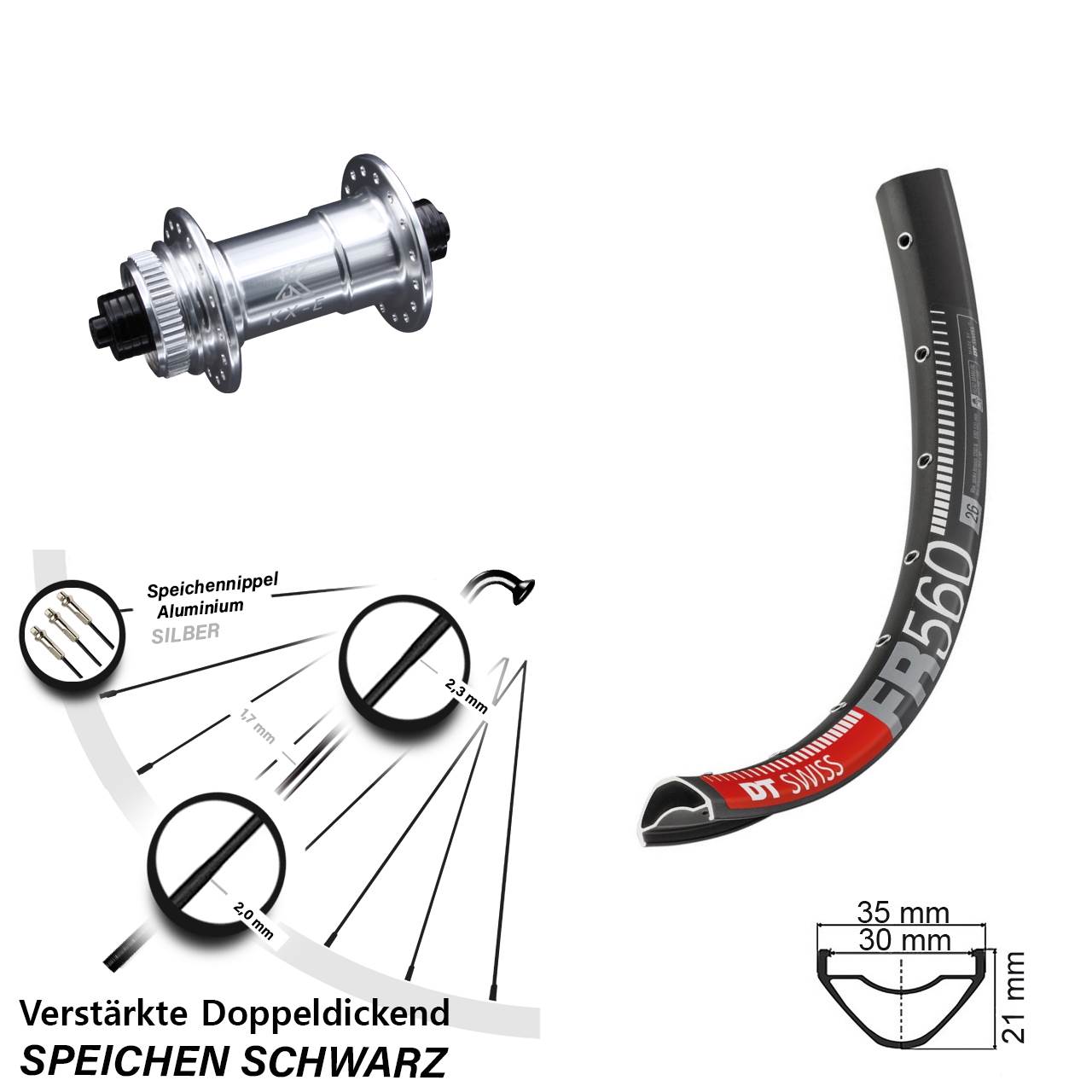 KX-E Schnellspanner 5x100 DT Swiss FR 560 Vorderrad Enduro MTB 26 Zoll für Centerlock