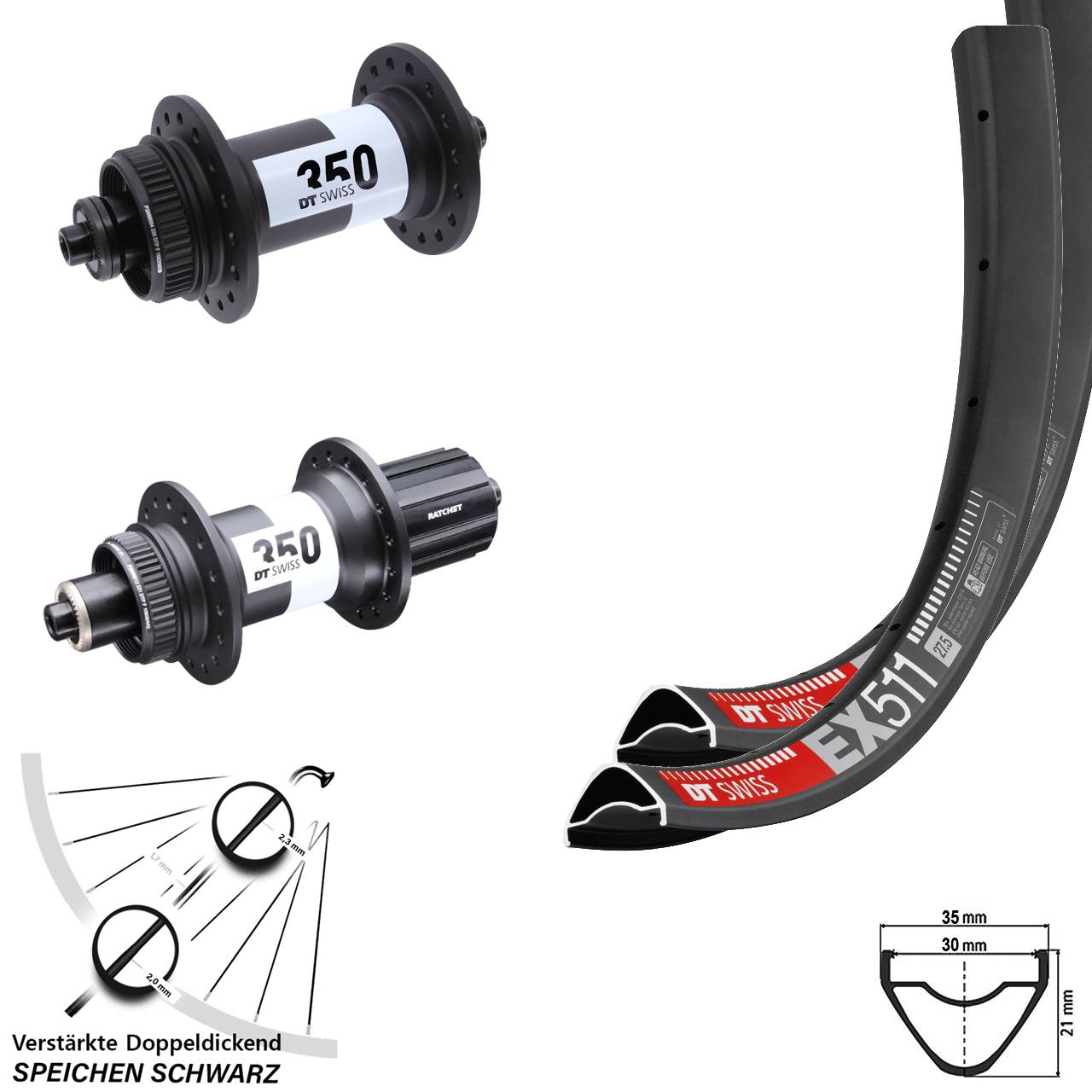 27,5 Zoll 29 DT Swiss EX511 350 Disc Laufradsatz QR 11-12 fach HG