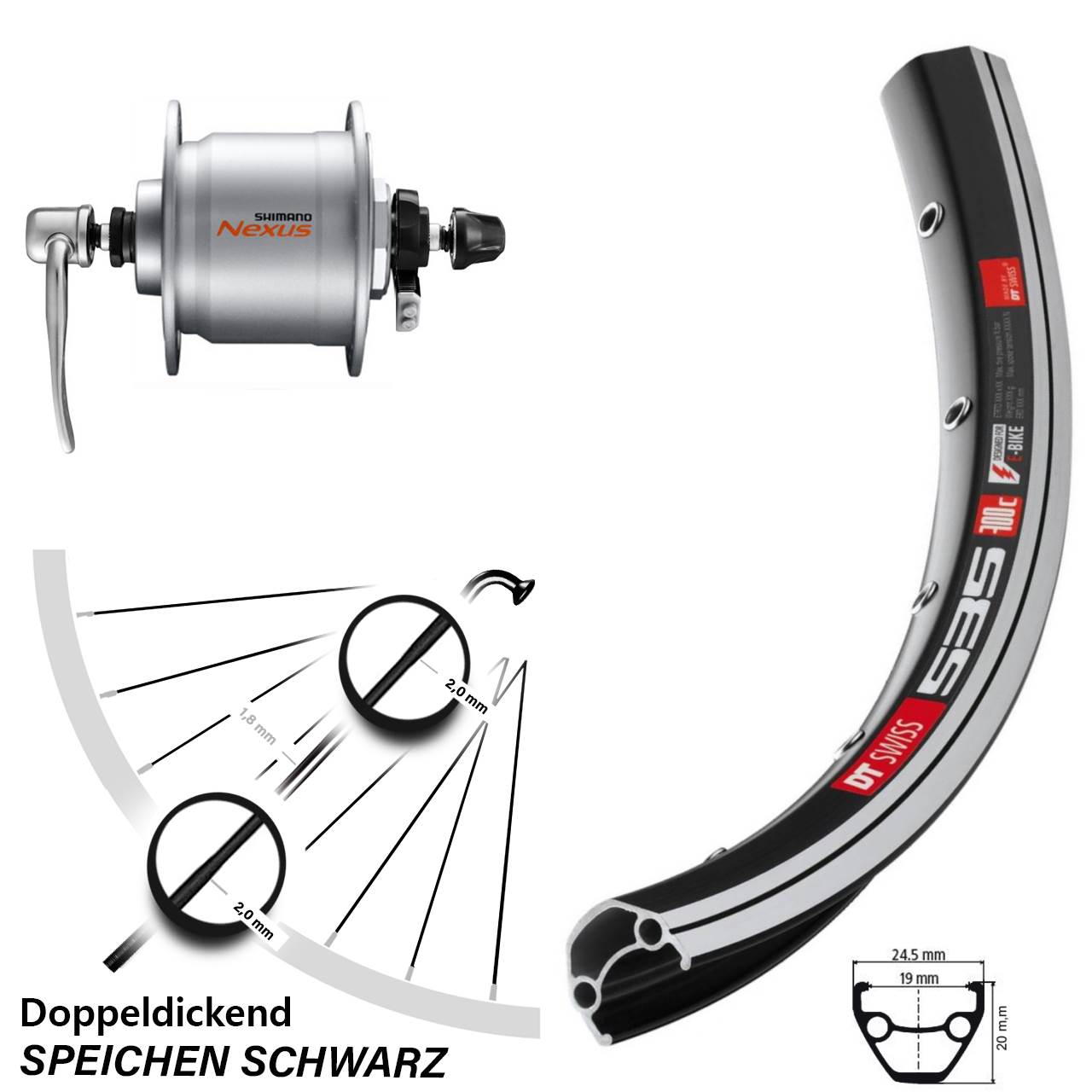 DT Swiss 535 Shimano DH-C3000 28 Zoll Nabendynamovorderrad für Schnellspanner