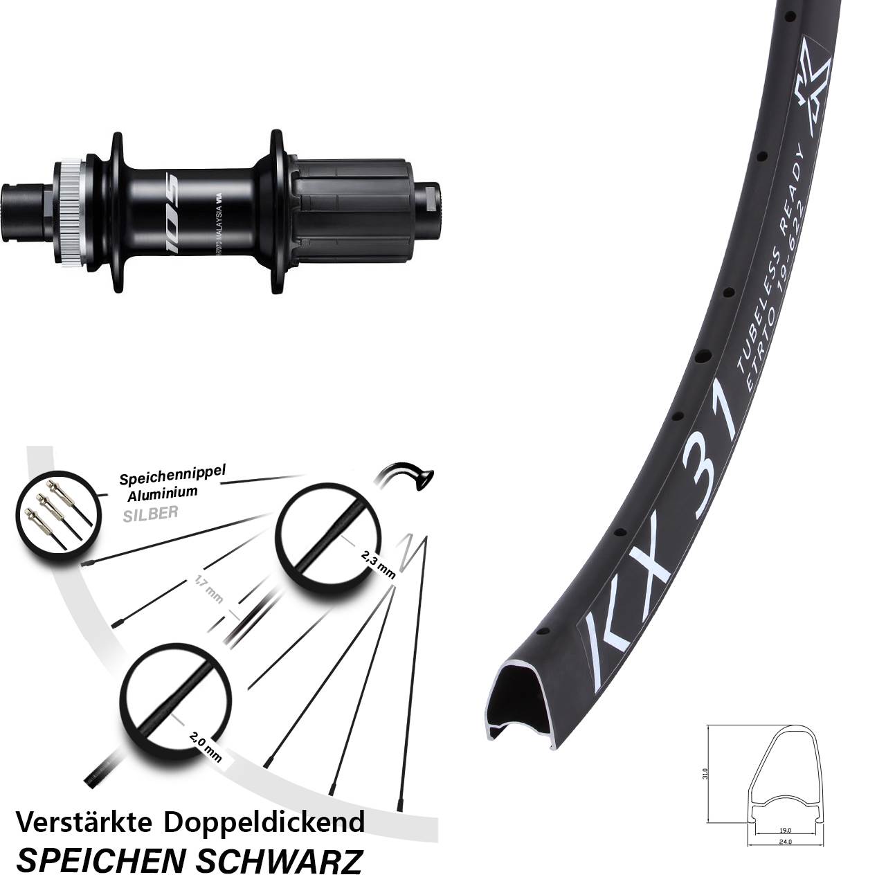 Centerlock Hinterrad 28 Zoll KX 31 Offset Shimano 105 FH-R7070 8-12 fach HG 12x142